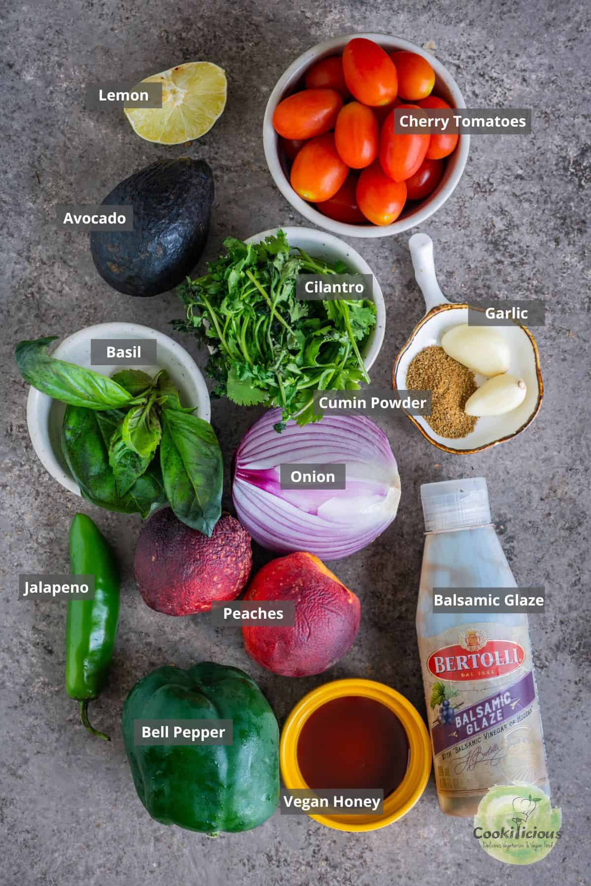 all the ingredients needed to make vibrant peach salsa dip recipe placed on a table with labels on them.