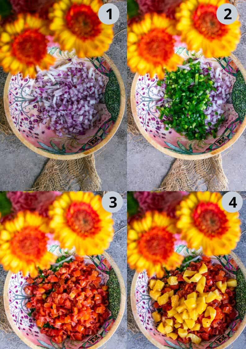 4 image collage showing the process of making easy no-cook peach salsa dip.