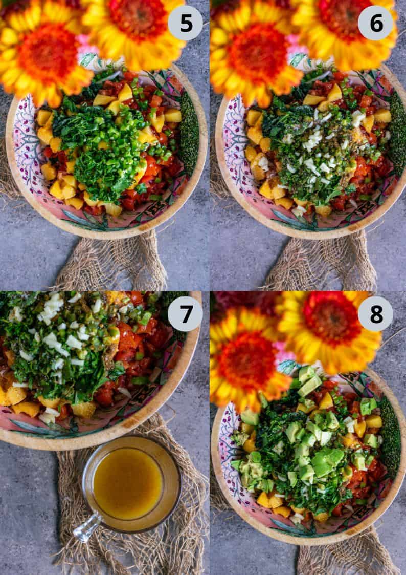 4 image collage showing how to make homemade peach salsa dip in 20 minutes.