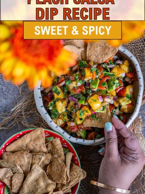 Quick 20-minute peach salsa dip recipe with diced peaches, avocado, cherry tomatoes, and herbs and text at the top and bottom.