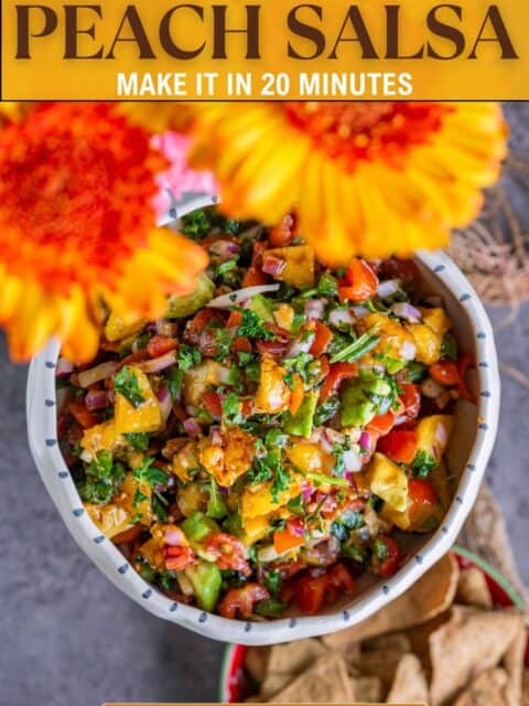 Overhead shot of sweet and spicy peach salsa dip made with fresh peaches, tomatoes, avocado, onions, and bell peppers and text at the top and bottom.