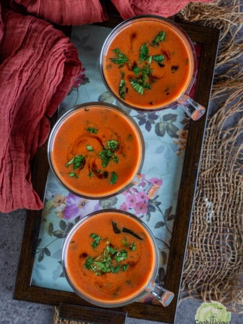 Tomato Saar served in shot glasses β savory Indian tomato drink made with coconut milk and spices.