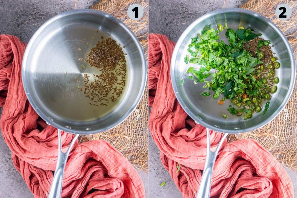 2 image collage showing how to make tomato saar at home.