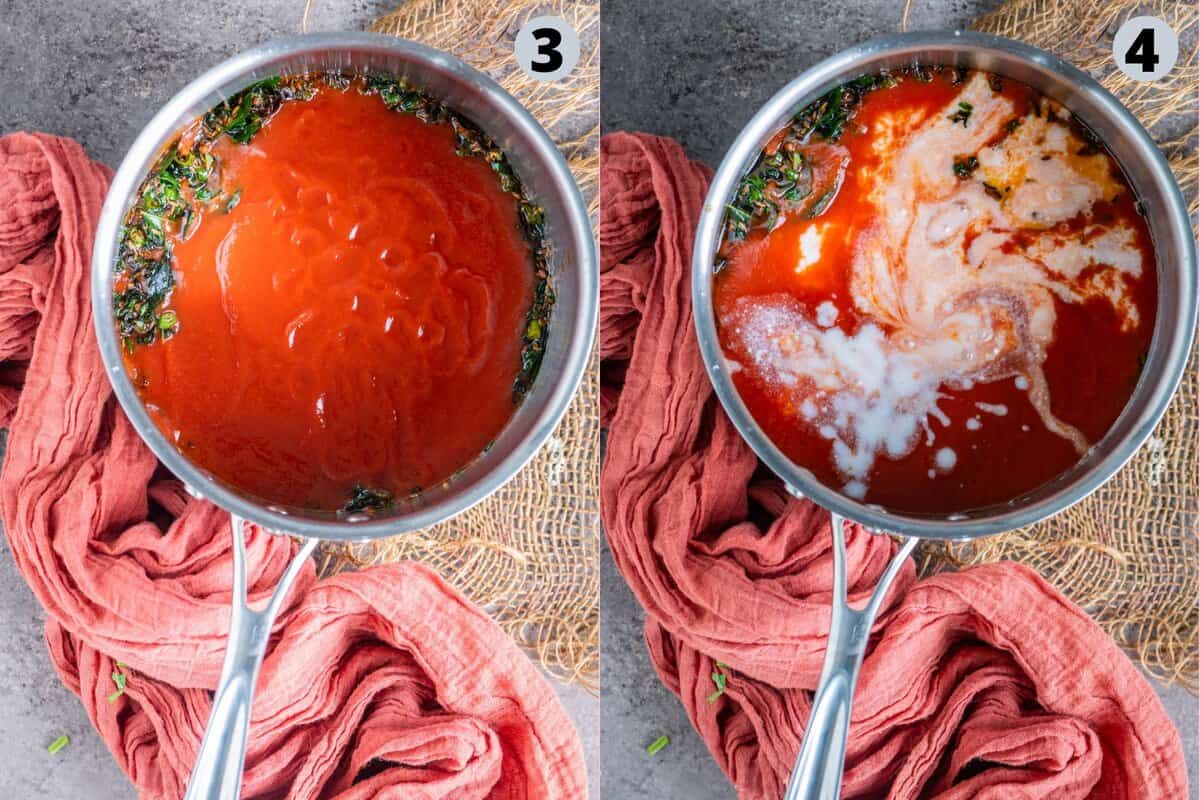 2 image collage showing the process of making Maharashtrian tomato drink called tomato saar.