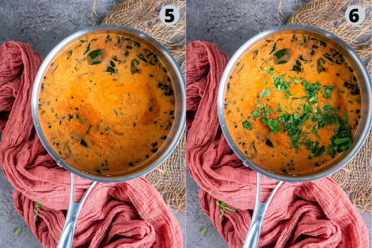 2 image collage showig how to make tomato saar with just 6 ingredients.