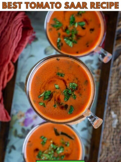 Refreshing chilled tomato drink with coconut milk – vegan and gluten-free Tomato Saar with text at the top and bottom.