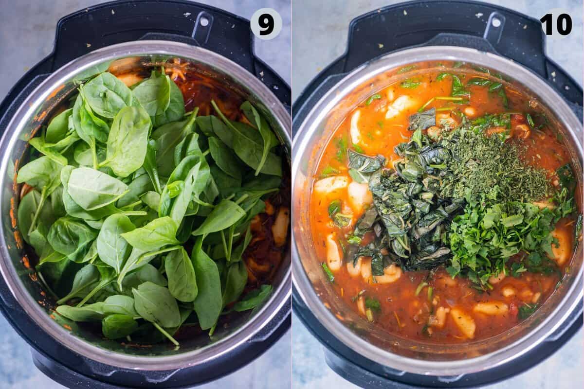 2 image collage showing how to make vegan tortellini soup with vegetables and herbs in the Instant Pot.