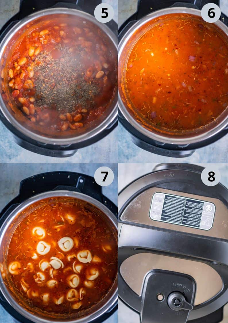 4 image collage showing how to make Healthy vegan soup with tortellini.