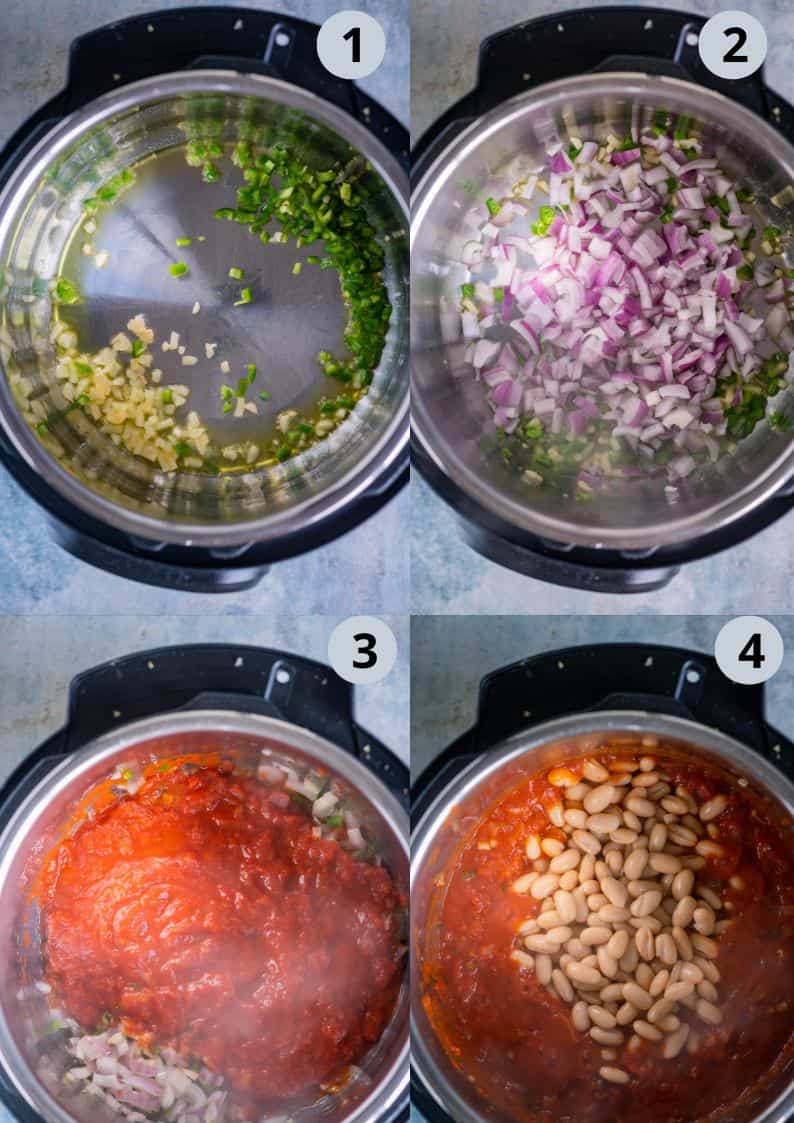 4 image collage showing the steps to make Easy Instant Pot vegan tortellini soup.