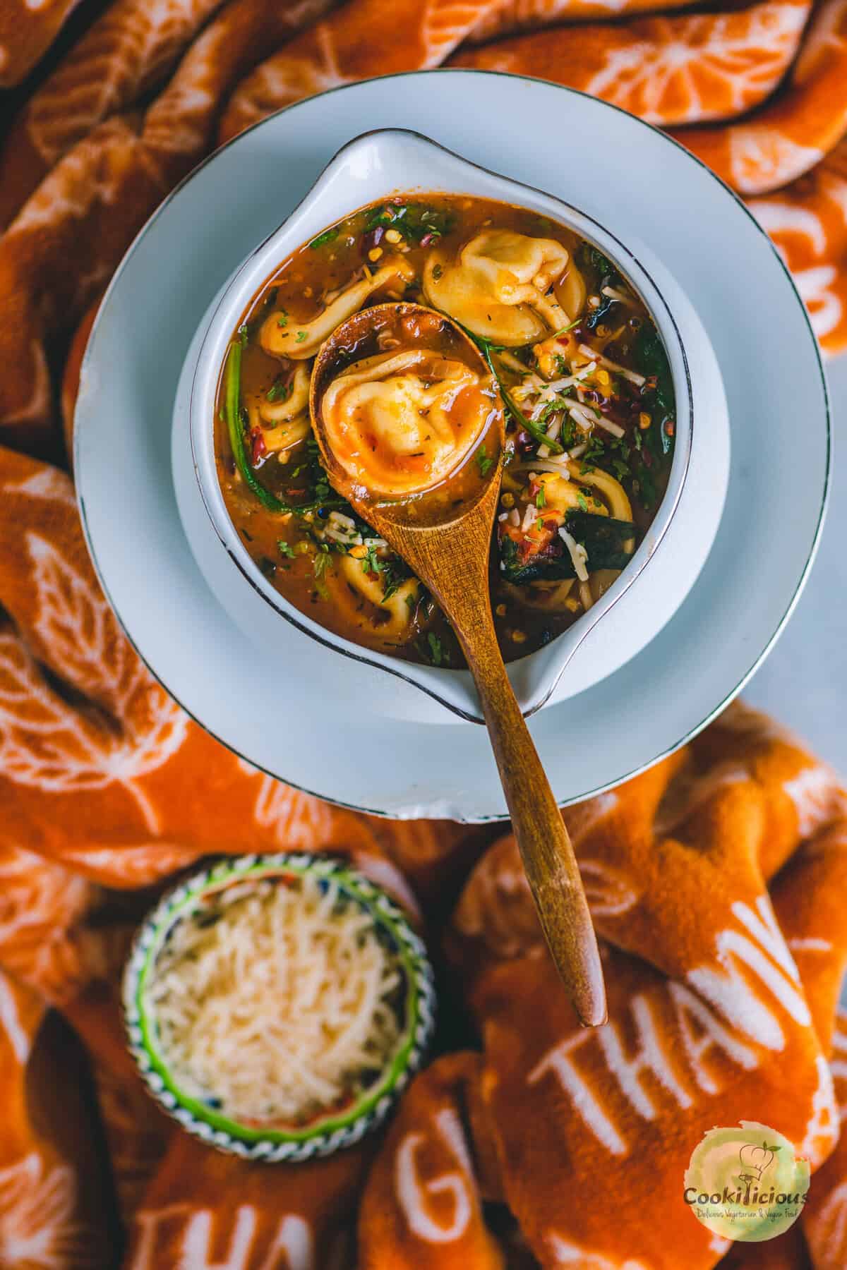 Close-up of creamy vegan tortellini soup made in the Instant Pot.