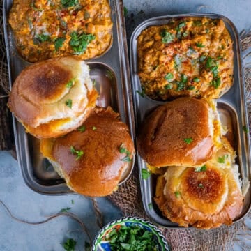 Paneer Bhurji served with buttered pav, North Indian vegetarian breakfast recipe.