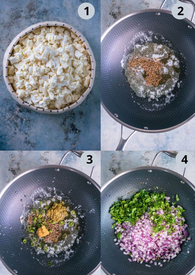 4 image collage showing the steps to make masaledar bhurji paneer at home.