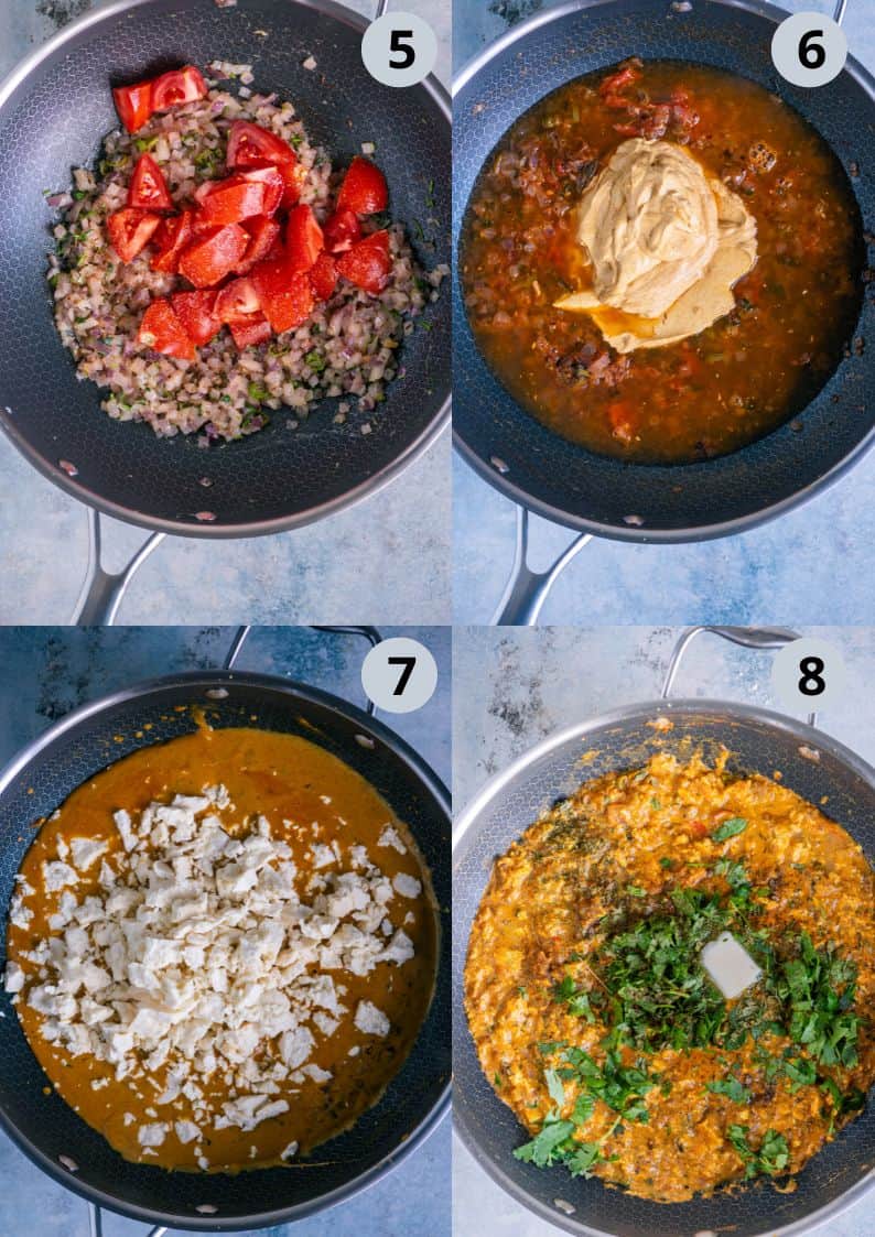 4 image collage showing how to make vegetarian Amritsari Paneer Bhurji.