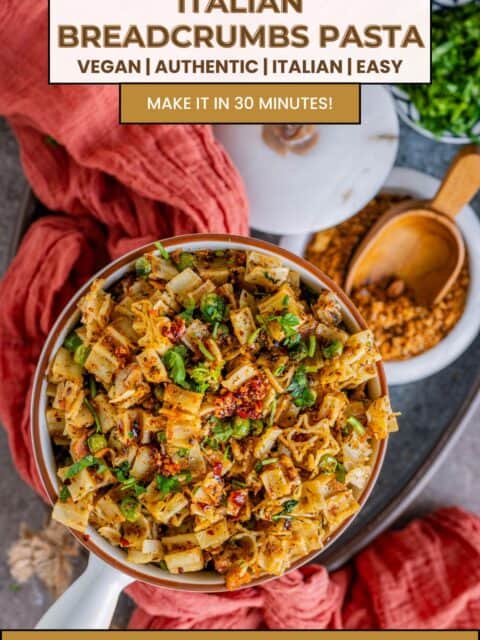 Pasta with breadcrumbs served as a quick weeknight vegan dinner and text at the top and bottom.