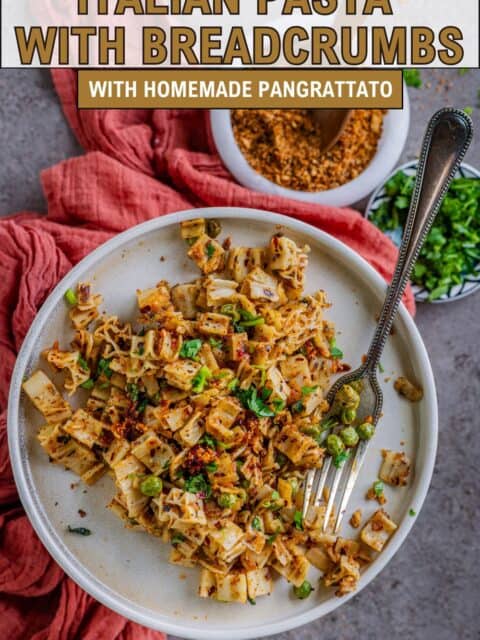 Italian pasta with breadcrumbs and olive oil served in a plate and text at the top and bottom.