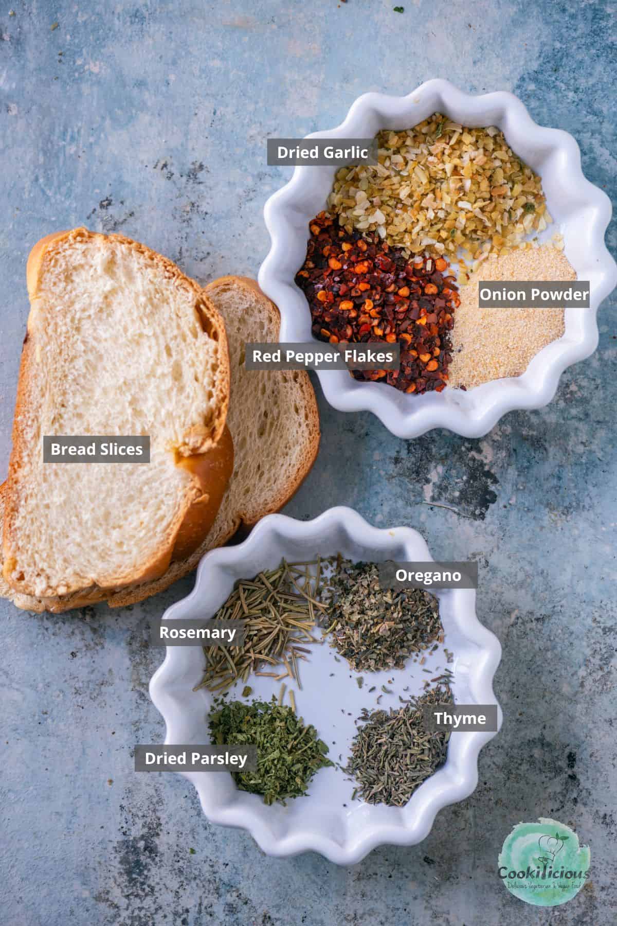 All the ingredients needed to make Easy Italian pangrattato made from scratch – a clean, homemade alternative to store-bought breadcrumbs.
