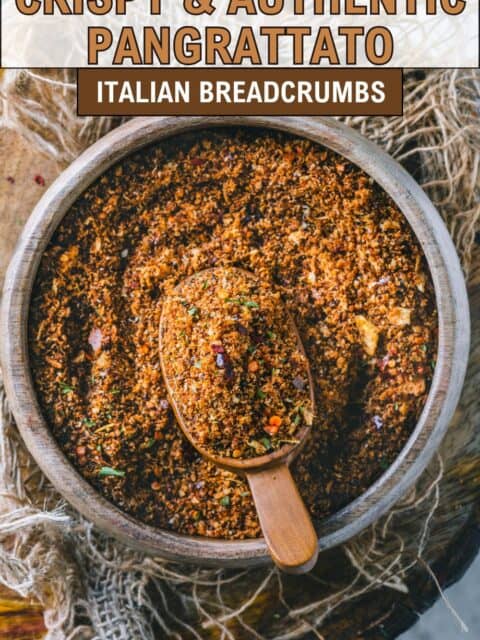 Homemade Italian breadcrumb topping – pangrattato made in just 15 minutes and text at the top and bottom.