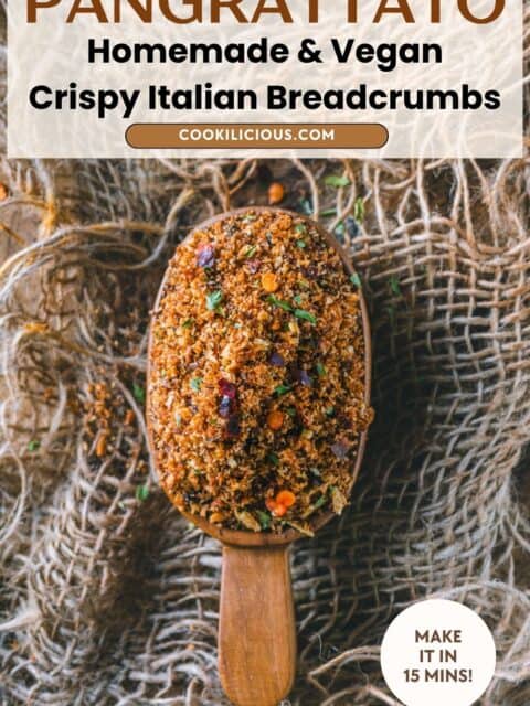 Close-up of seasoned breadcrumbs with Italian herbs – pangrattato ready to use as a topping and text at the top and bottom.