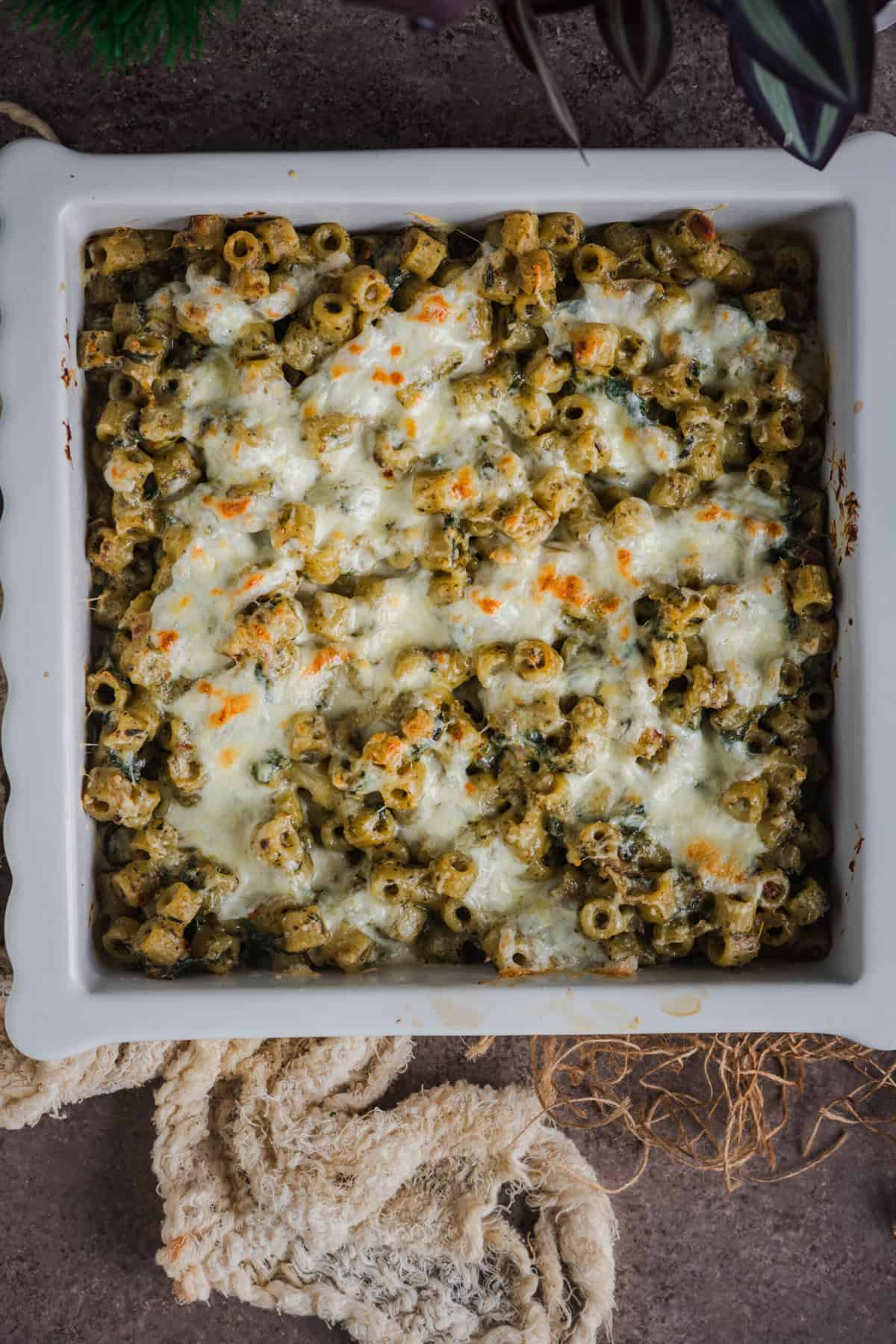 Bubbly golden cheese topping after baking at 350°F.