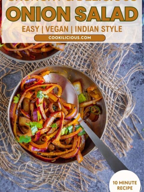 Simple vegan red onion salad with Indian flavors served in two bowls and text at the top.