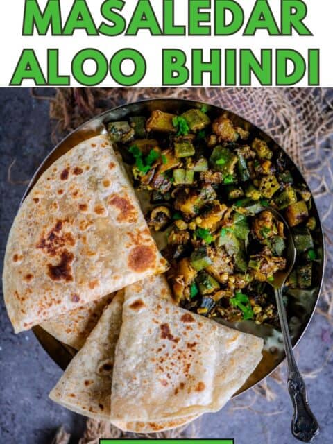 Crisp bhindi and soft potatoes tossed in aromatic masalas, making a classic Indian Aloo Bhindi sabzi perfect for weeknight meals and text at the top and bottom.