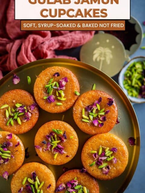 Gulab Jamun Cupcakes served on a festive Diwali dessert table, an Indian fusion dessert.