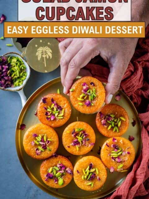 Eggless Gulab Jamun Cupcakes showing soft rava cake soaked in cardamom sugar syrup.