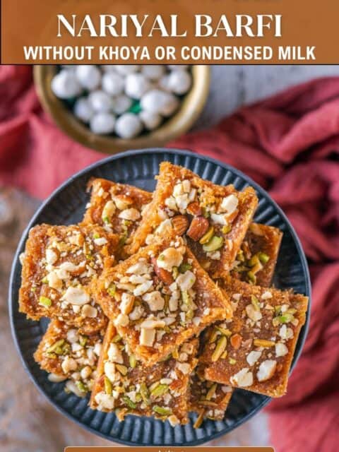 Pinterest pin showing how to make nariyal barfi without khoya or condensed milk, with barfi pieces stacked on a black plate.